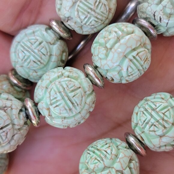 Absolutely stunning RARE Chinese natural green turquoise carved shou beads sterl - Picture 15 of 16
